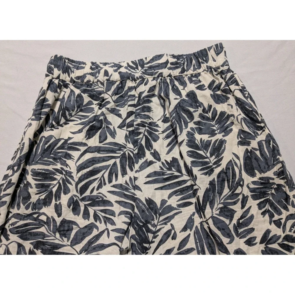 MNG MANGO Women Small Blue Ivory Linen Blend‎ AOP Pull-on Wide-Leg Cropped Pants